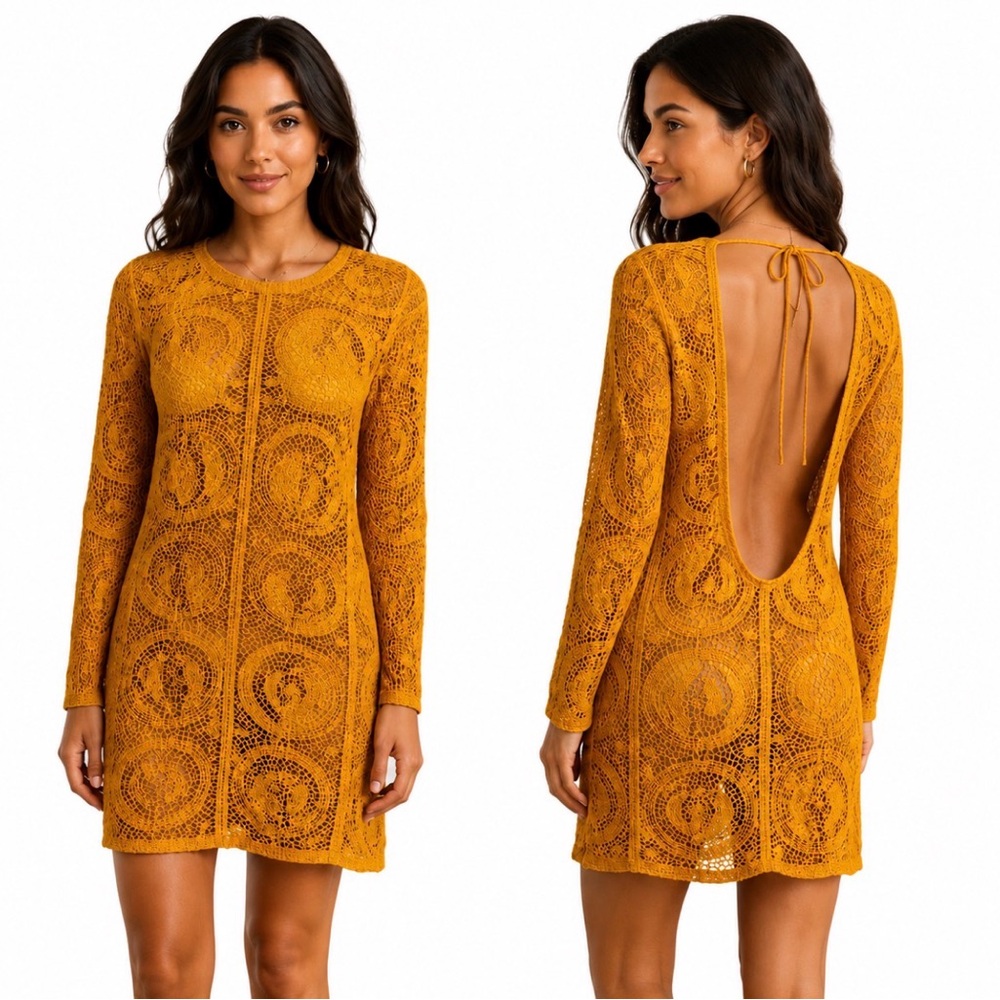 H&M Mustard Crochet Swim Cover-Up Dress, Size M
